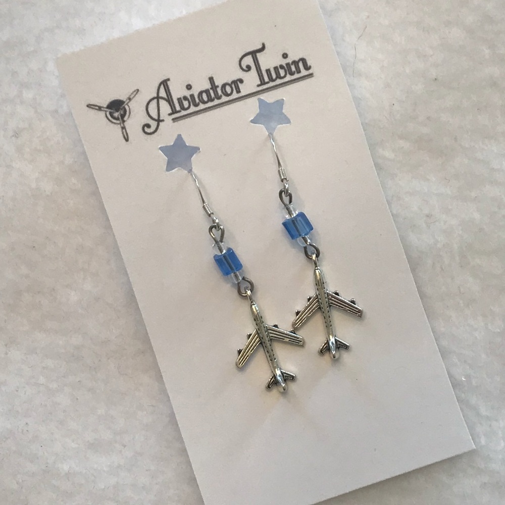 4 Engine Airplane Earrings with Blue Glass Beads